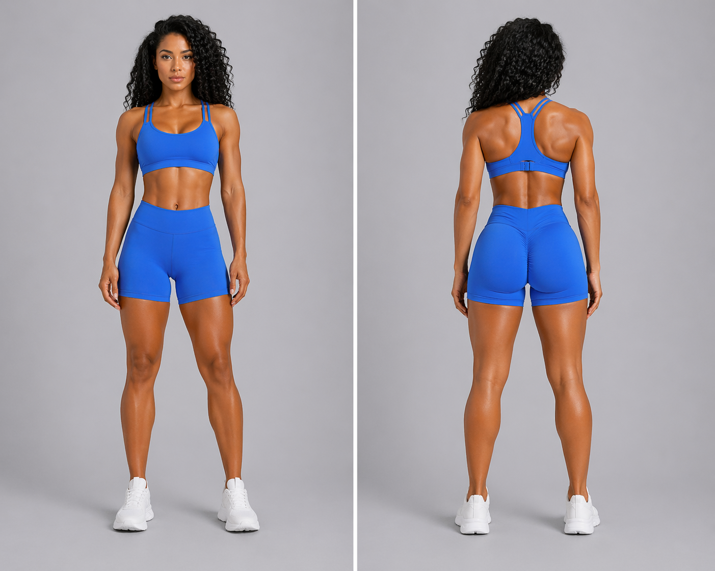 Woman wearing a blue athletic outfit on a gray background - Aresfit