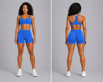 Woman wearing a blue athletic outfit on a gray background - Aresfit