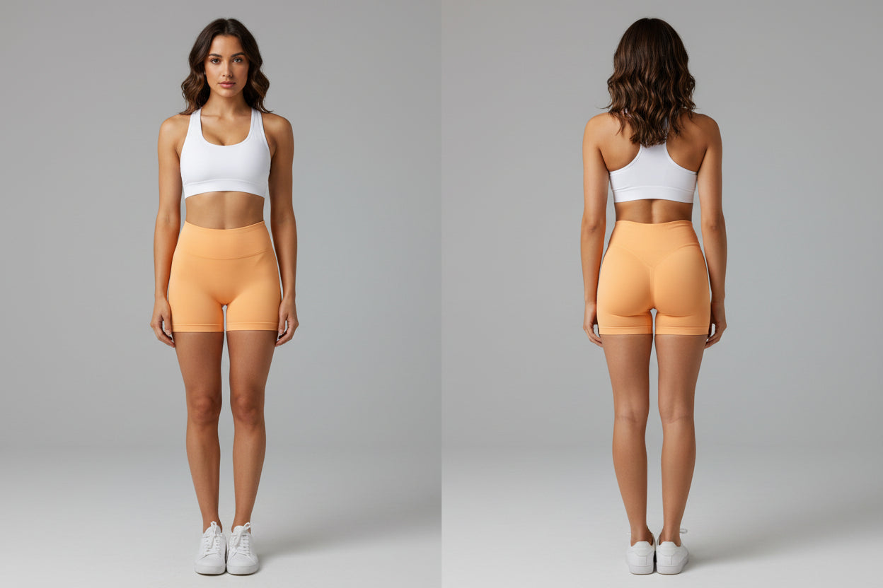 Yellow shorts worn by a woman on a white background