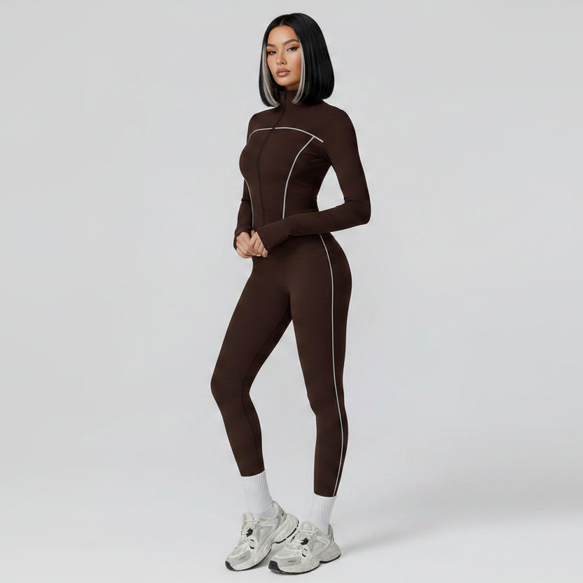 Person wearing a brown athletic outfit with white accents on a gray background - Aresfit