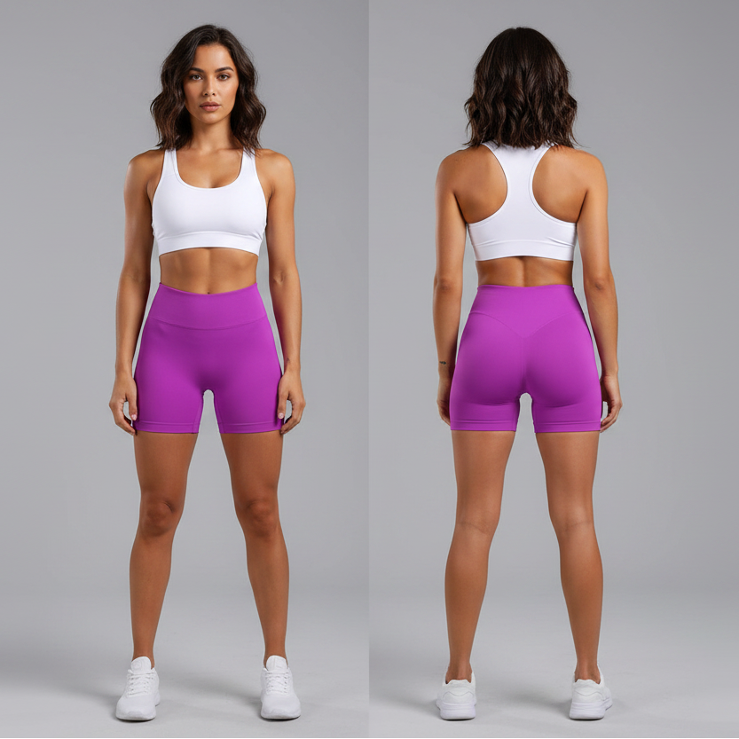 Purple athletic shorts and a white sports bra on a white background - Aresfit