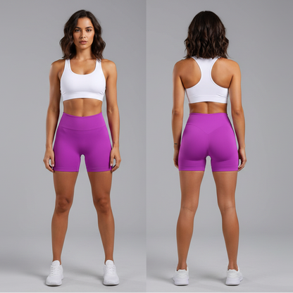 Purple athletic shorts and a white sports bra on a white background - Aresfit