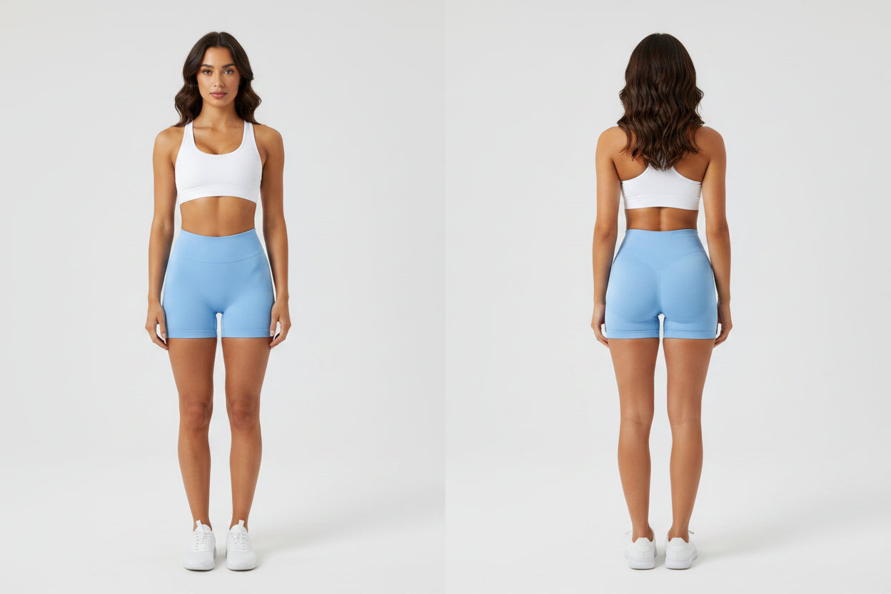 Woman wearing butt lifting shorts light blue with a white sports bra - Aresfit