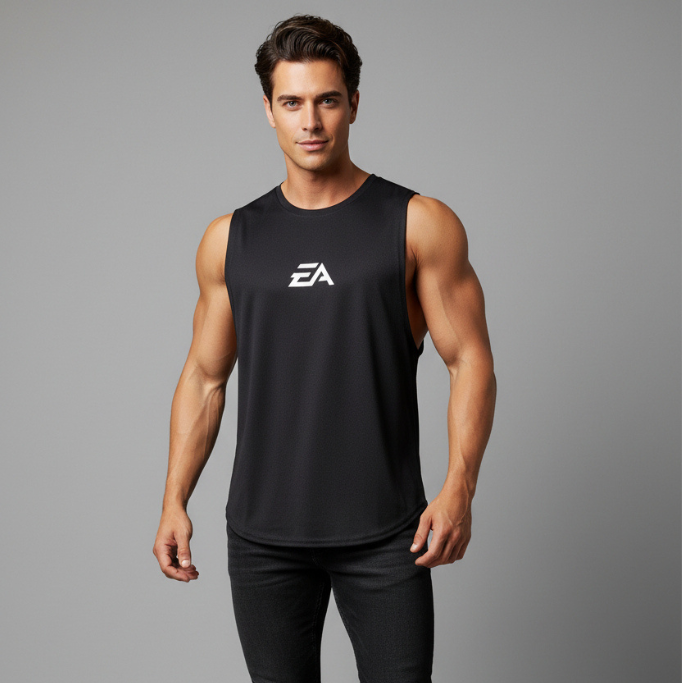 Man wearing black EA performance gym tank top - AresFit