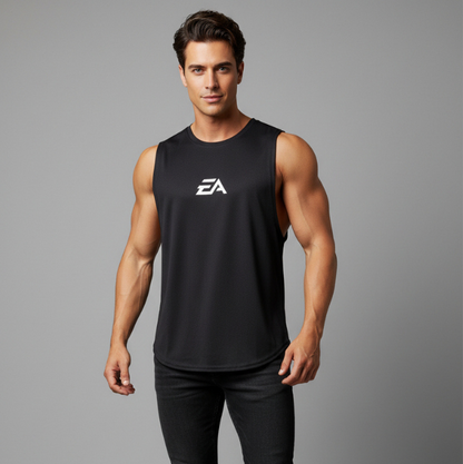 Man wearing black EA performance gym tank top - AresFit
