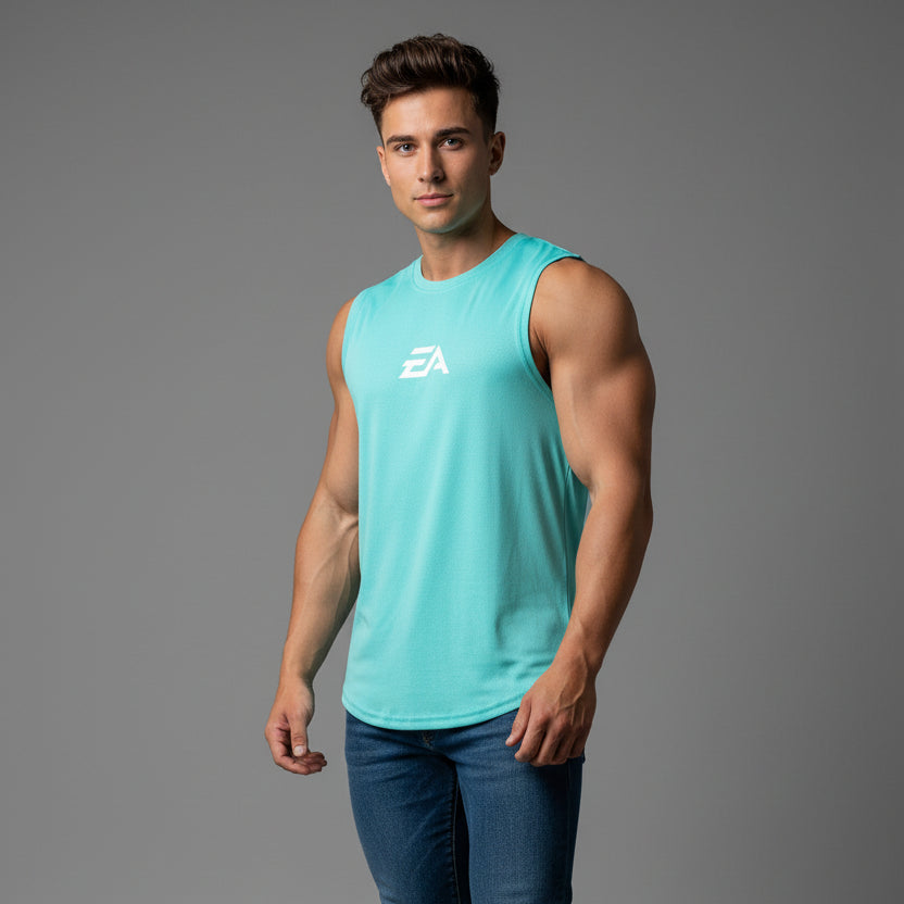 Man wearing mint green EA performance gym tank top - AresFit