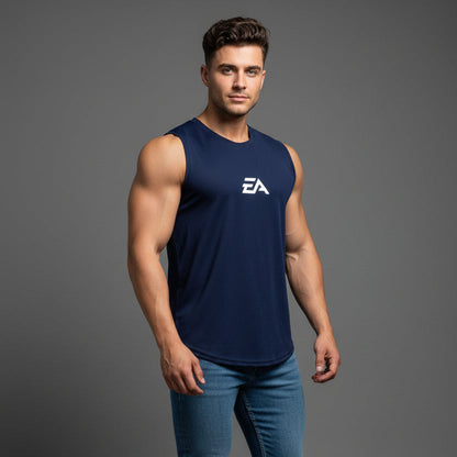 Man wearing navy EA performance gym tank top - AresFit