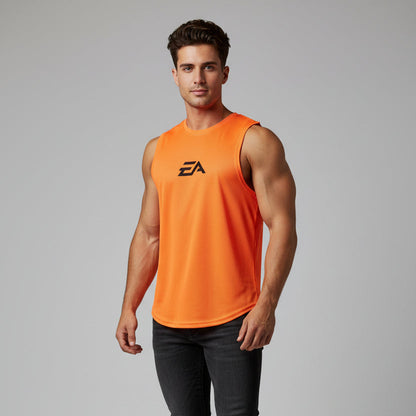 Man wearing orange EA performance gym tank top - AresFit