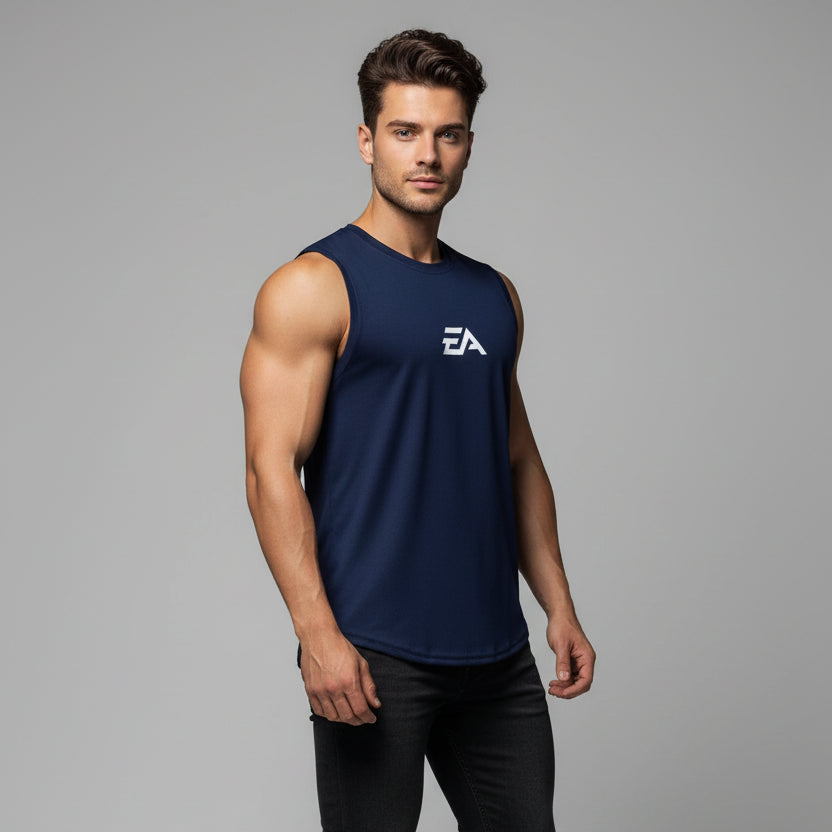 Man wearing royal blue EA performance gym tank top - AresFit