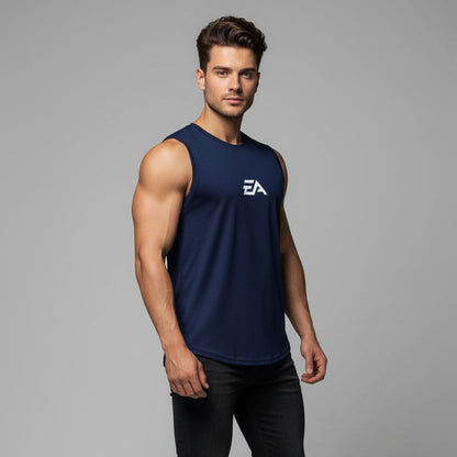 Man wearing royal blue EA performance gym tank top - AresFit