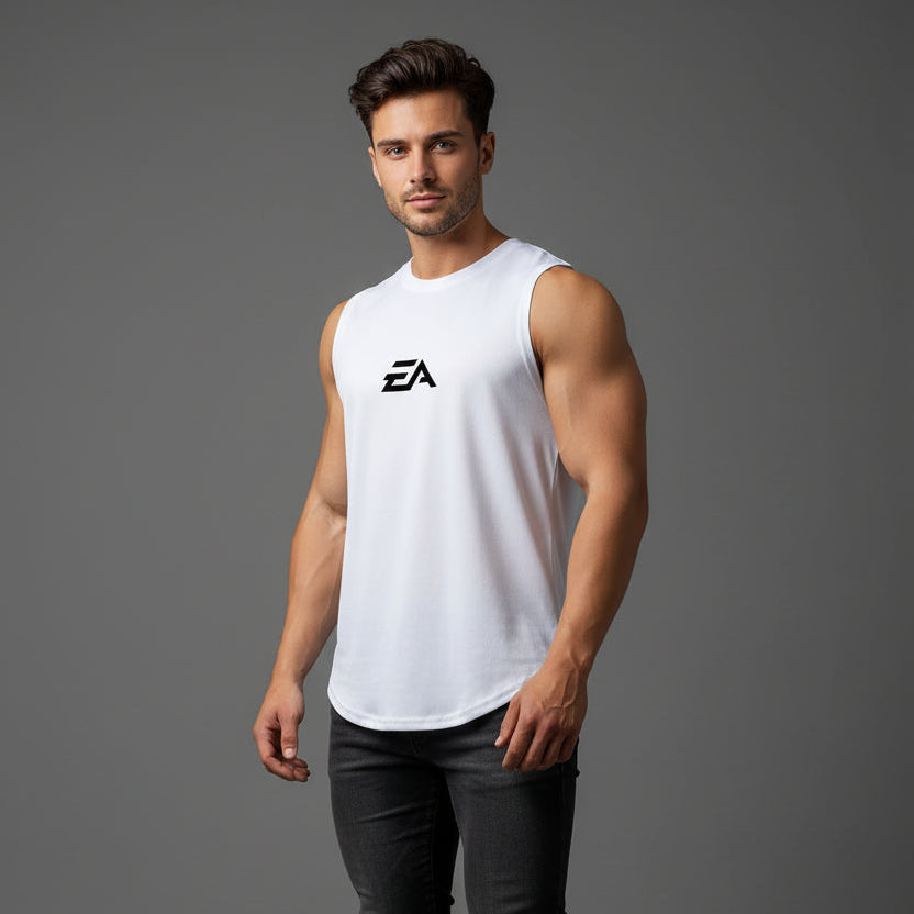 Man wearing white EA performance gym tank top - AresFit