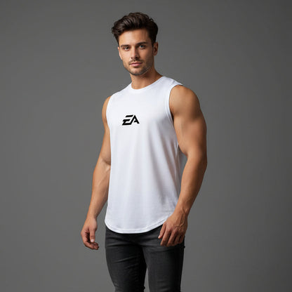 Man wearing white EA performance gym tank top - AresFit