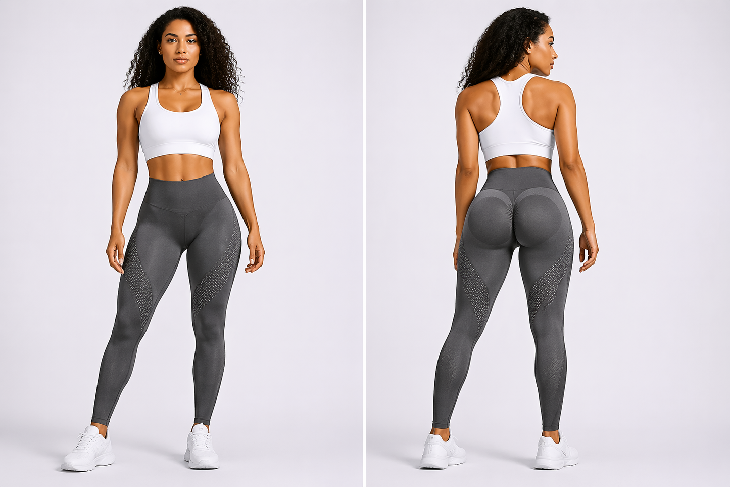 Woman wearing gray leggings and a white sports bra on a white background - Aresfit