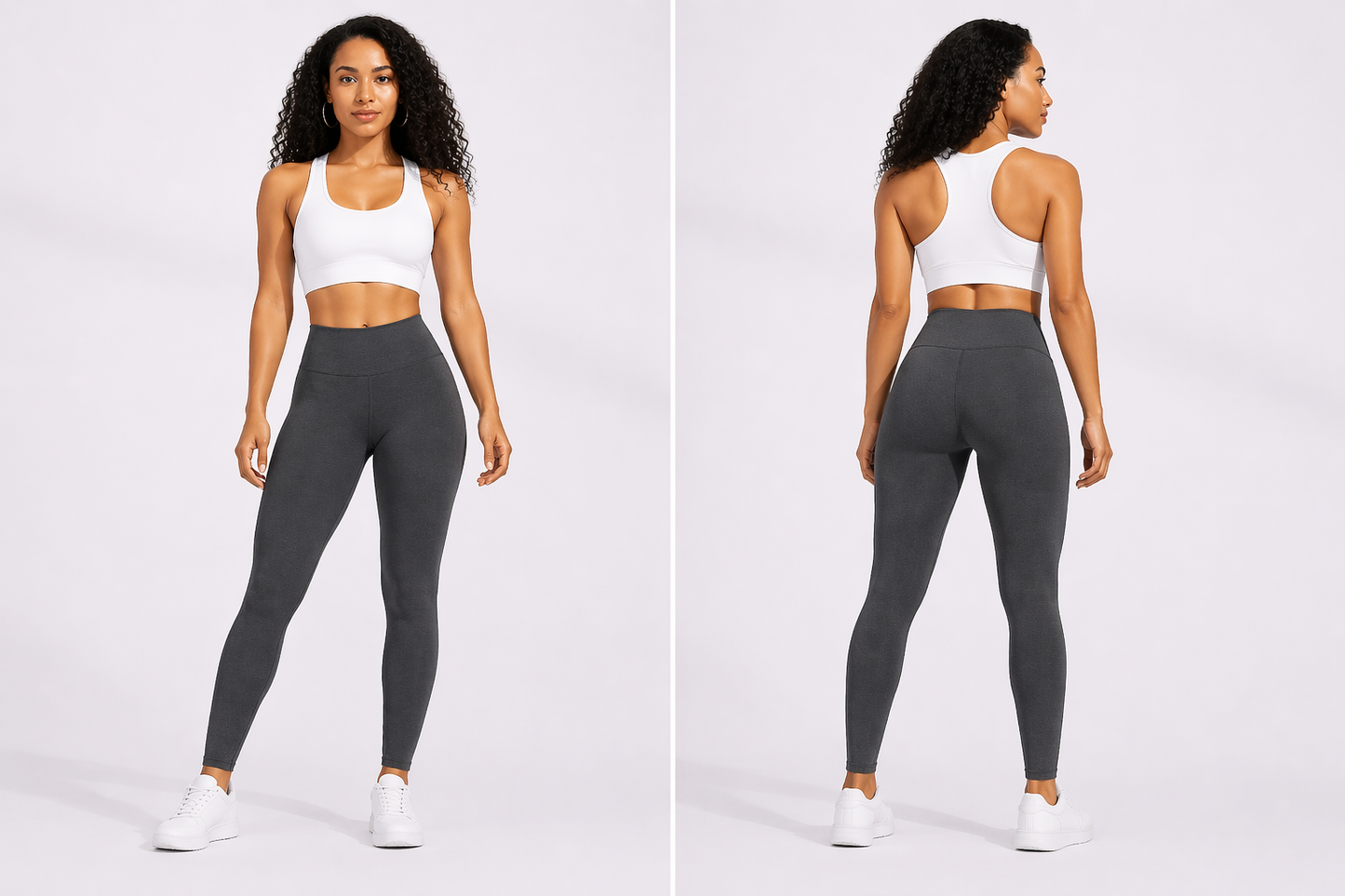 Woman wearing gray leggings and a white top from front and back views on a white background - Aresfit
