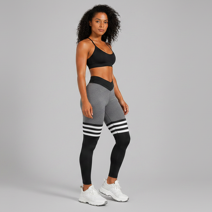 Woman wearing a black sports bra and gray leggings with white stripes on a gray background-Aresfit