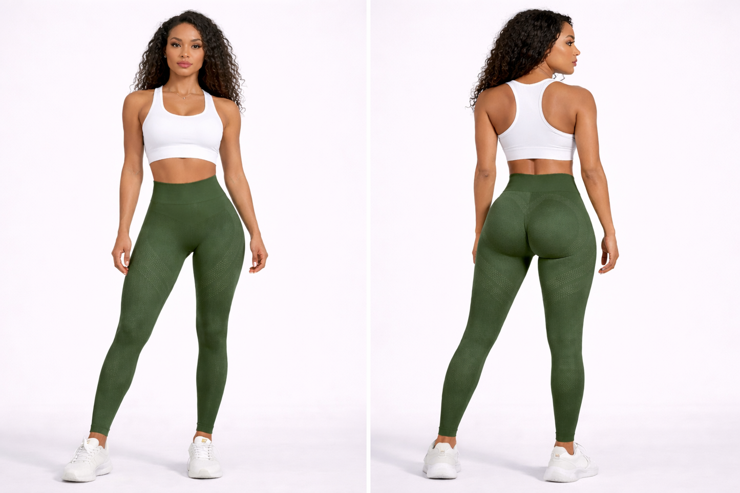 Woman wearing green leggings and a white sports bra, shown from front and back on a white background - Aresfit