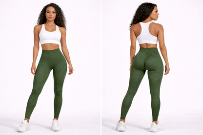 Woman wearing green leggings and a white sports bra, shown from front and back on a white background - Aresfit