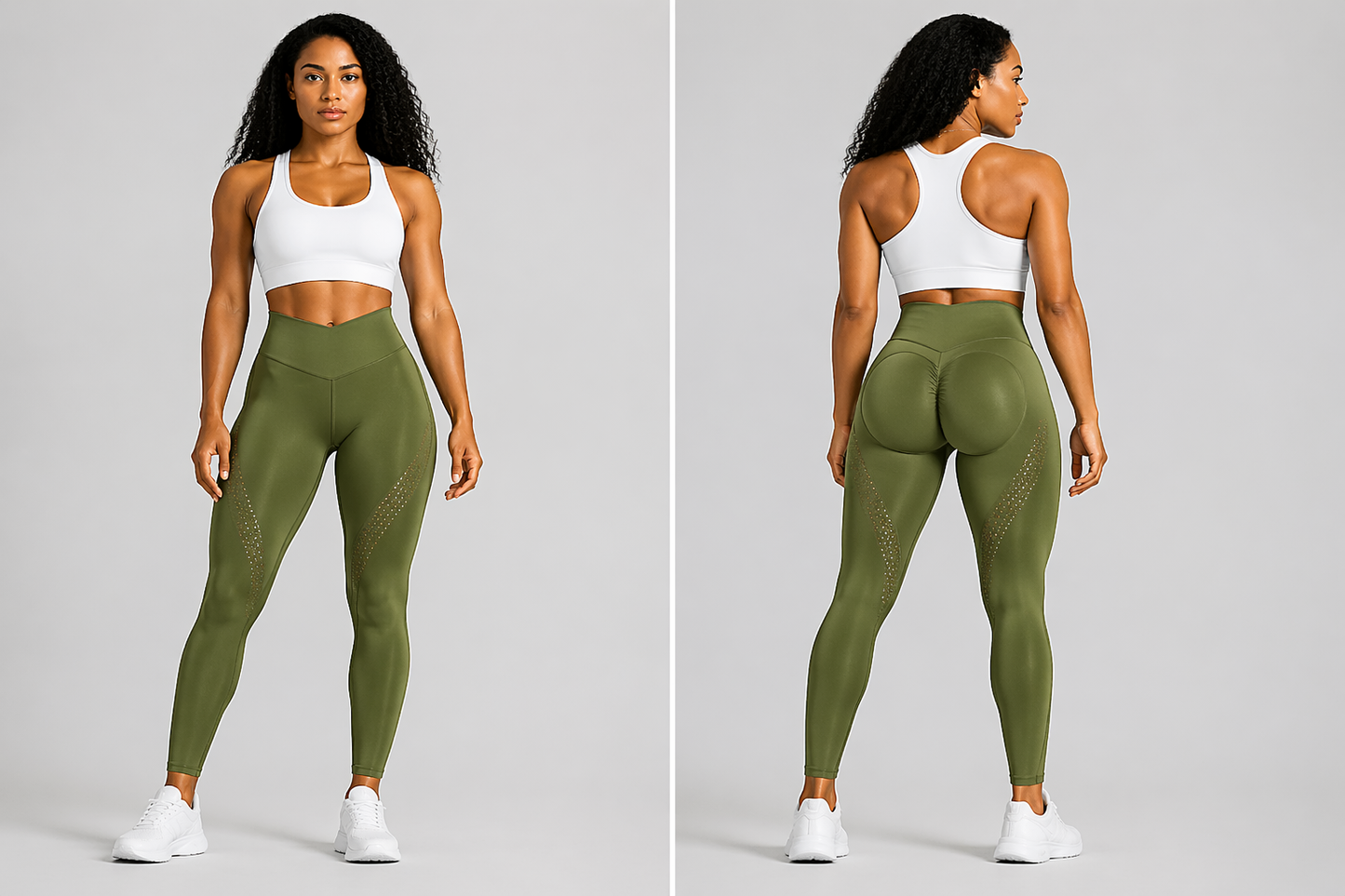 Woman wearing green leggings and a white sports bra on a gray background - Aresfit