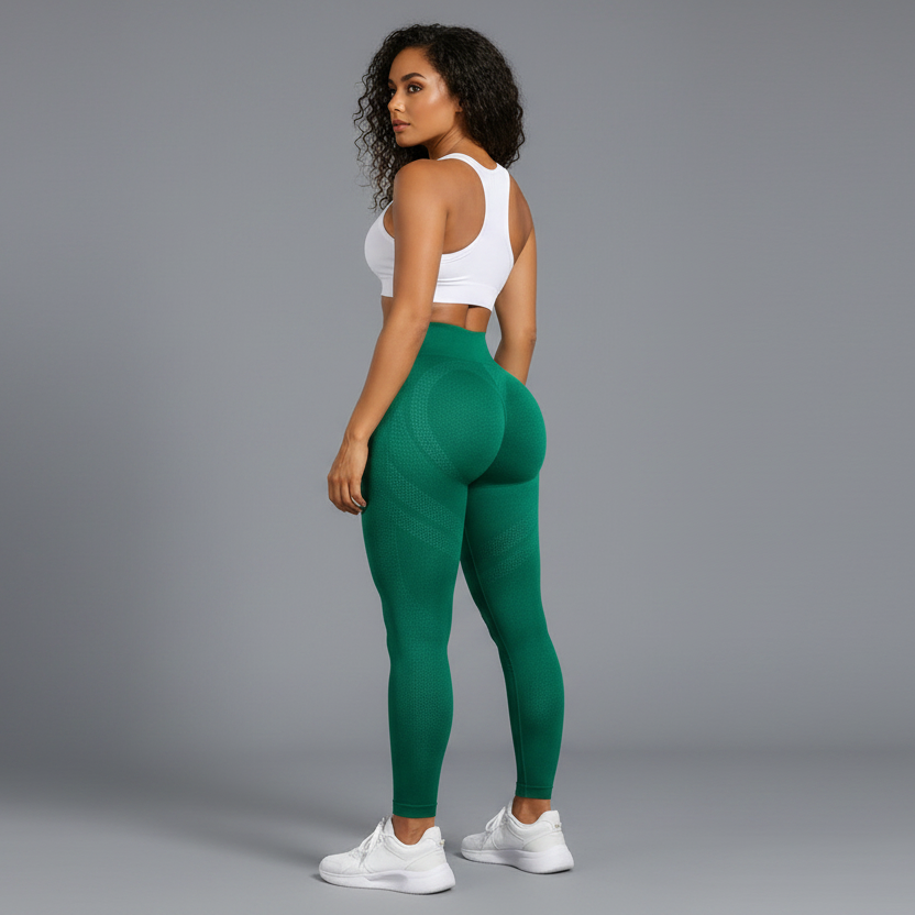 Woman wearing green leggings and a white sports bra on a white background - Aresfit