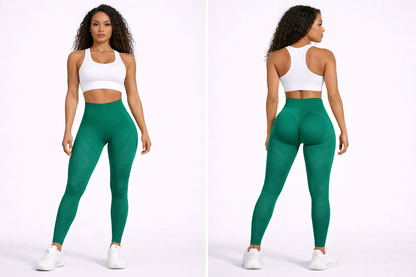 Woman wearing green leggings and a white top on a white background - Aresfit