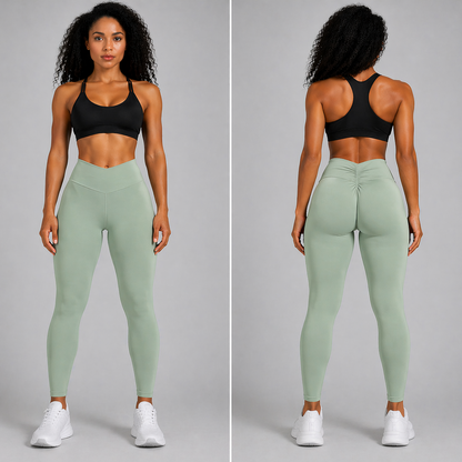 Woman wearing green leggings and black sports bra, shown from front and back on a gray background - Aresfit