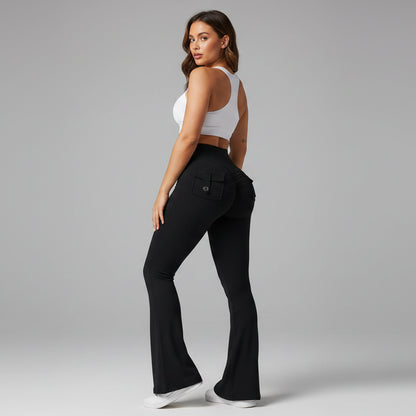 High Waisted Pocket Flare Leggings in Black - AresFit
