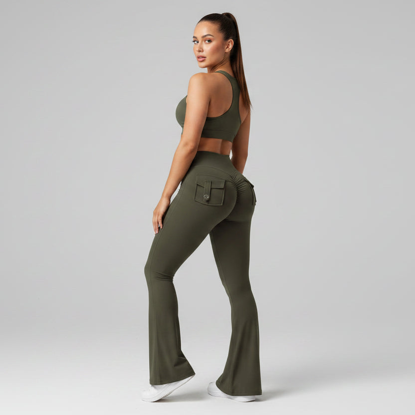 High Waisted Pocket Flare Leggings in Dark Sage Green - AresFit