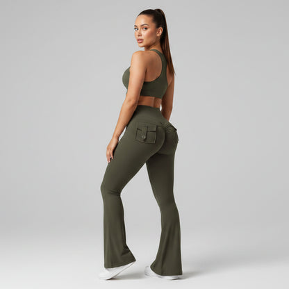 High Waisted Pocket Flare Leggings in Dark Sage Green - AresFit