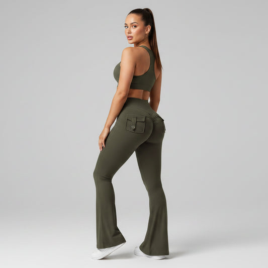 High Waisted Pocket Flare Leggings in Dark Sage Green - AresFit