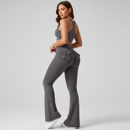 High Waisted Pocket Flare Leggings in Grey - AresFit