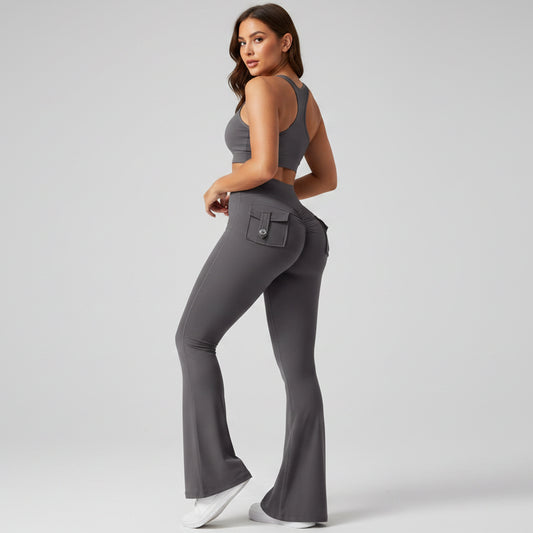 High Waisted Pocket Flare Leggings in Grey - AresFit