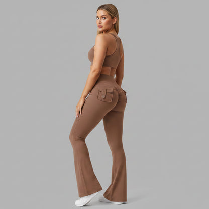 High Waisted Pocket Flare Leggings in Khaki - AresFit
