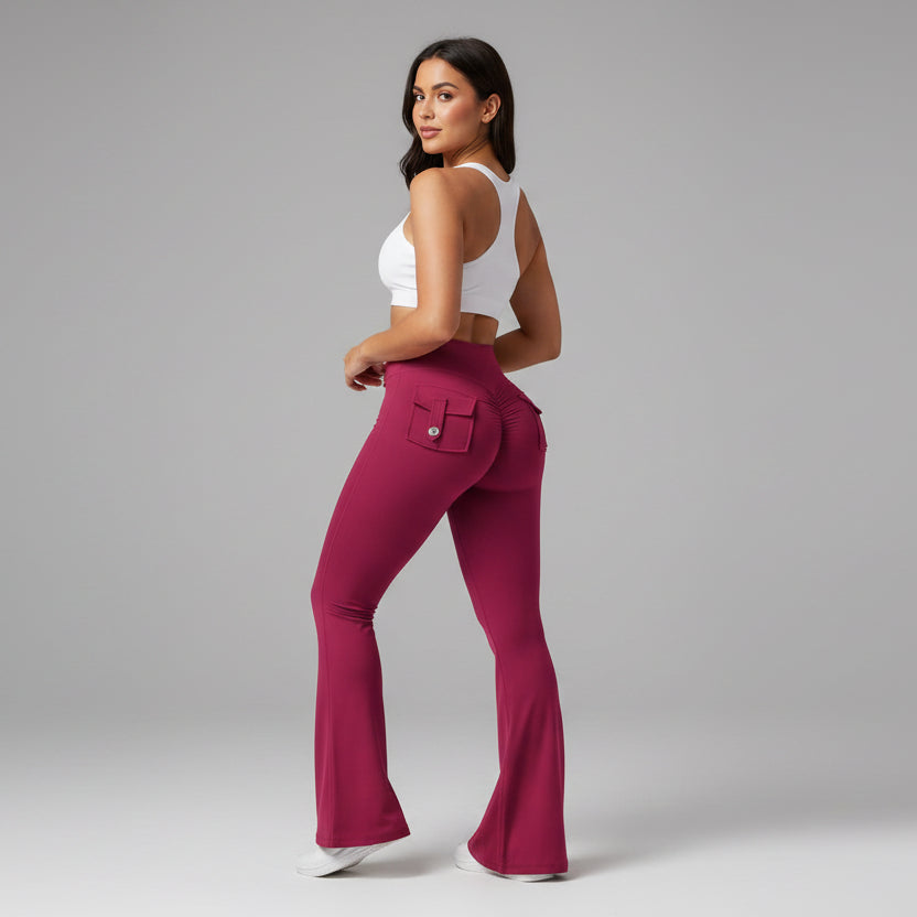 High Waisted Pocket Flare Leggings in Peach - AresFit