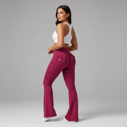 High Waisted Pocket Flare Leggings in Peach - AresFit
