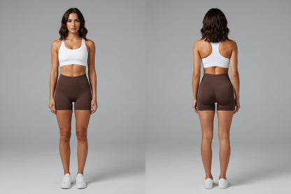 Brown high-waisted shorts on a white background - Aresfit