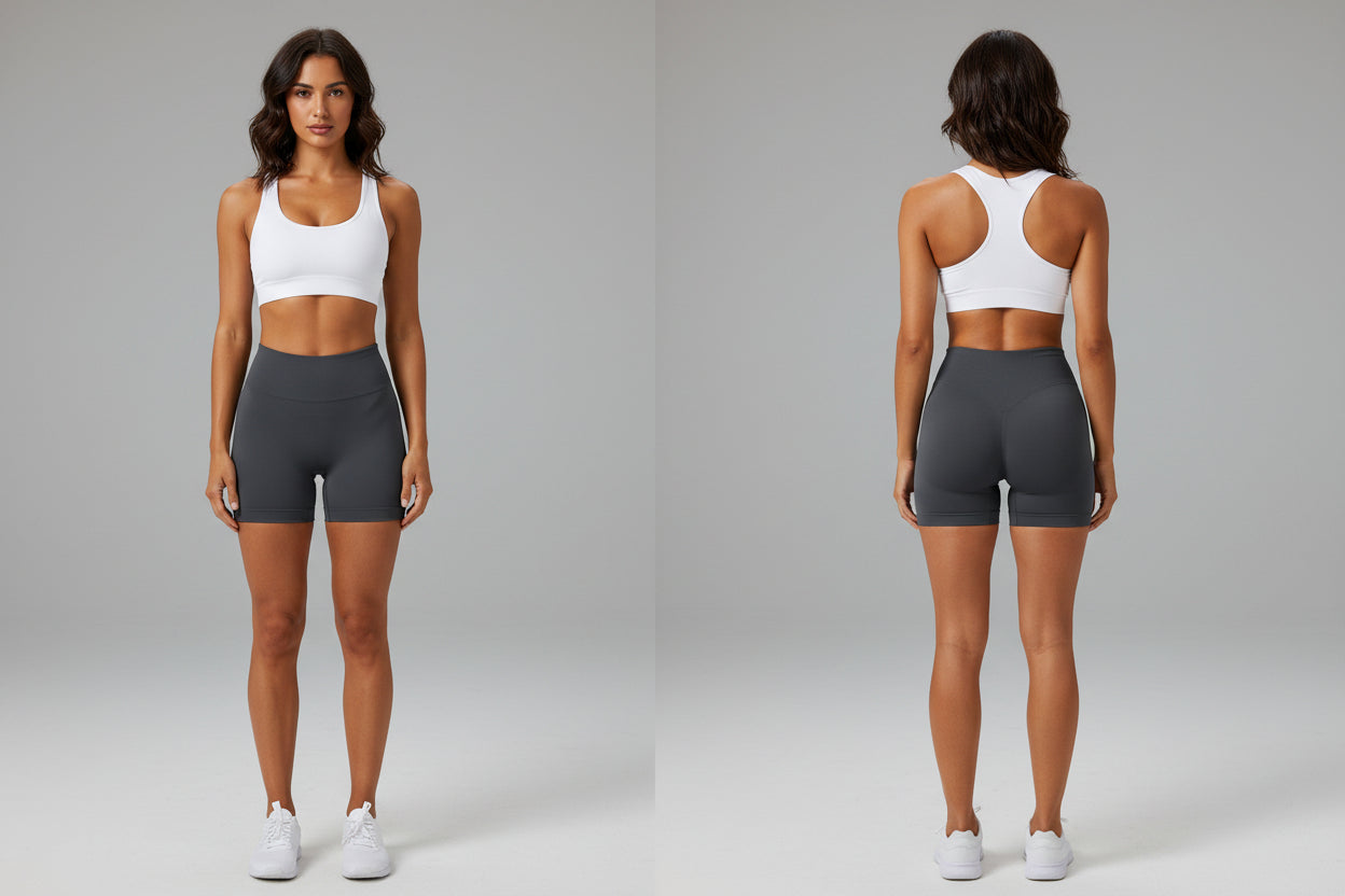 Gray athletic high waisted gym shorts on a white background - Aresfit