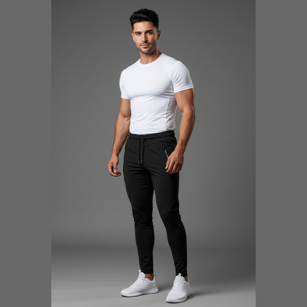 Man wearing a white t-shirt and black pants on a gray background