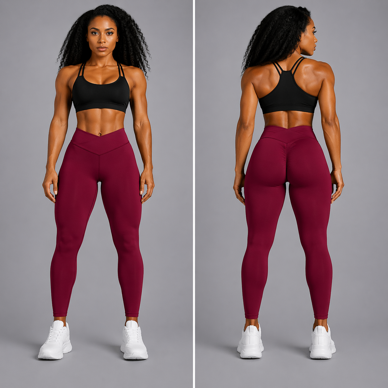 Woman wearing maroon leggings and black sports bra, shown from front and back on a gray background - Aresfit