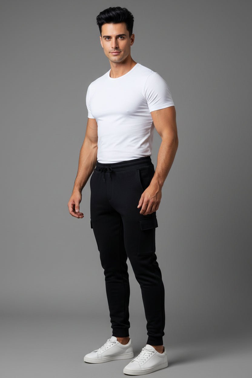 Man wearing a white t-shirt and black pants on a gray background