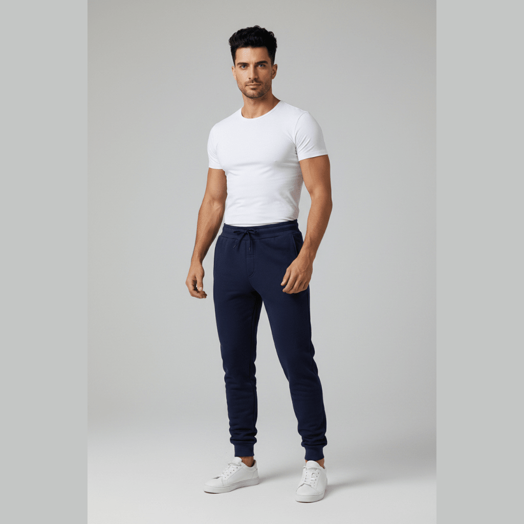 Man wearing a white t-shirt and navy jogger pants on a gray background