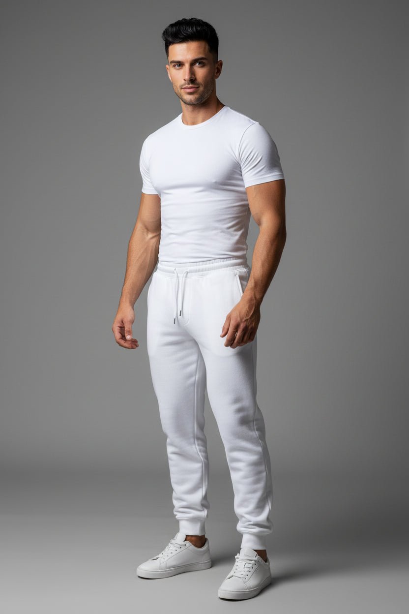 Man wearing a white t-shirt and pants on a gray background
