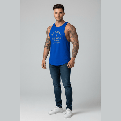 Man wearing a blue tank top with visible branding on a gray background