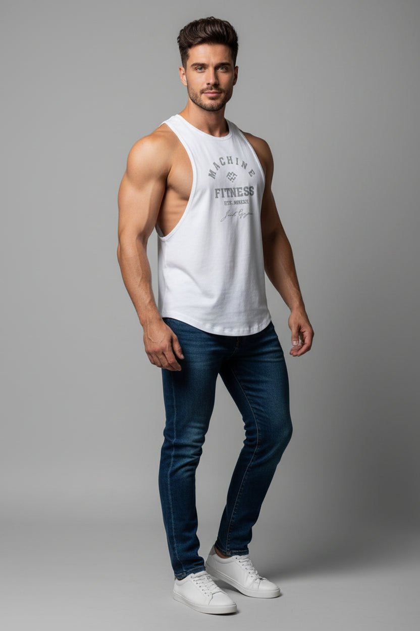 Man wearing a white tank top and blue jeans on a gray background