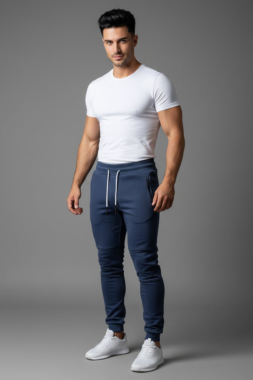 Man wearing blue gym jogger pants and white fitted t-shirt