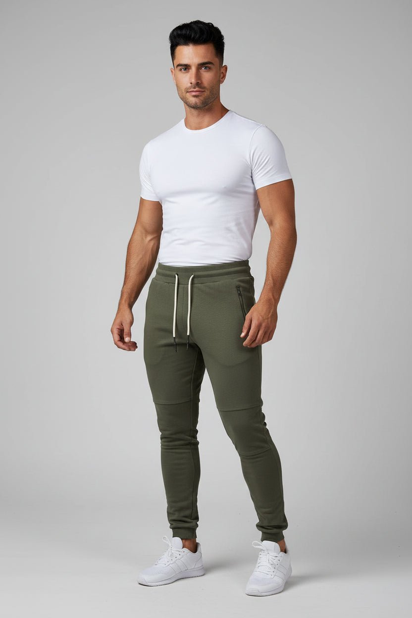 Man wearing olive green gym jogger pants and white fitted t-shirt