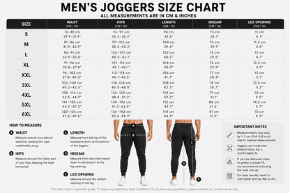 Men's gym jogger pants size chart