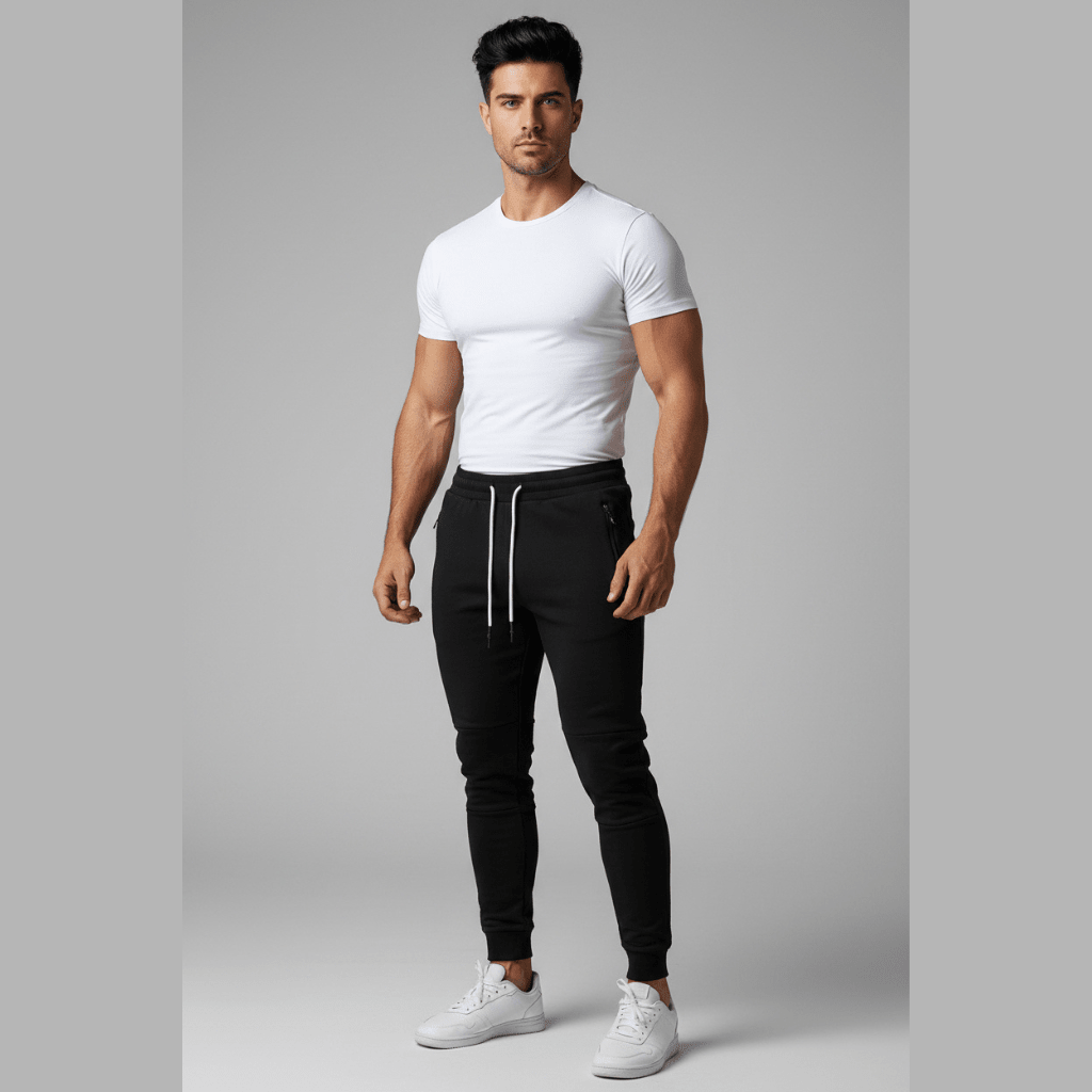 Man wearing black gym jogger pants and white fitted t-shirt