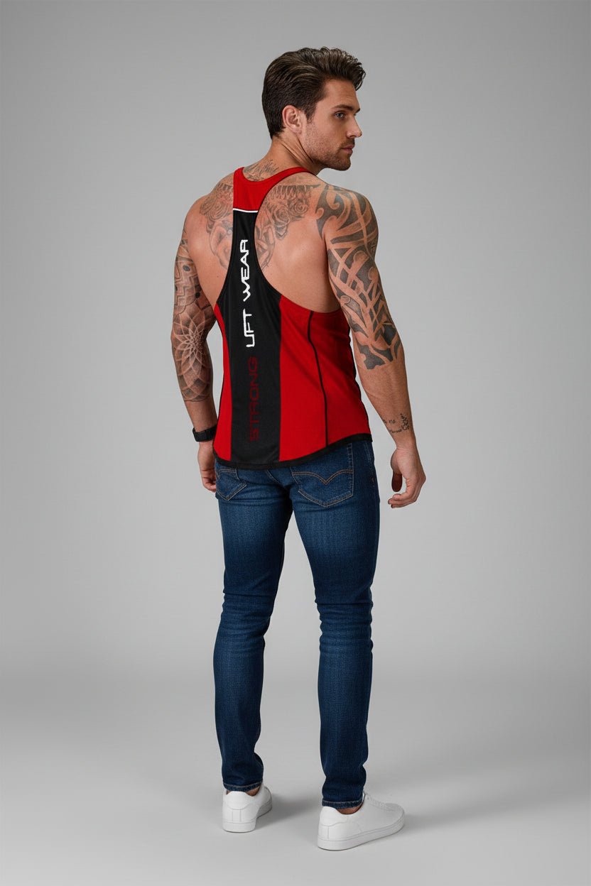 Man wearing a red and black tank top with visible branding on a gray background