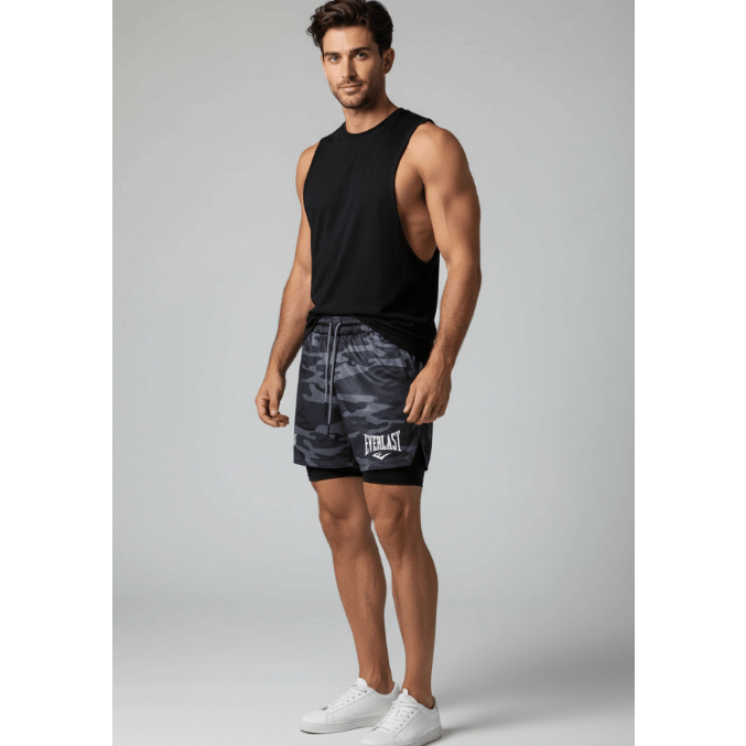 Men's 2 in 1 Gym Shorts in Black Camo and Black - AresFit