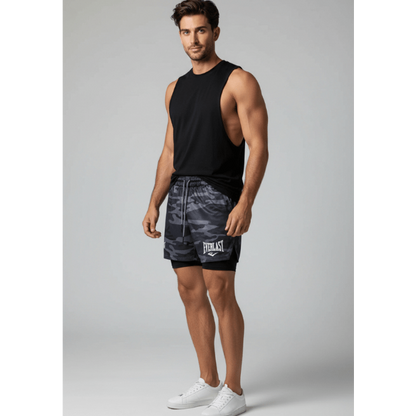 Men's 2 in 1 Gym Shorts in Black Camo and Black - AresFit